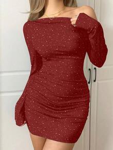 SHEIN EZwear 女士纯色圣诞派对网纱紧身迷你红色连衣裙 - 紅色 - 查看 7
