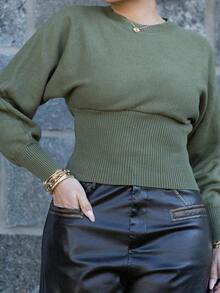 Melissa Matos Casual Round Neck Drawstring Waist Slim Fit Solid Color Knit Sweater, Versatile For Autumn/Winter - Green - View 4