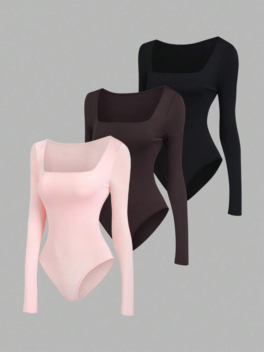 Sweetra 3pcs/Set Women's Long Sleeve Bodysuit In Apricot, Coffee Brown, Black, Slim Fit Minimalist Commuter Versatile - Multicolor - View 1