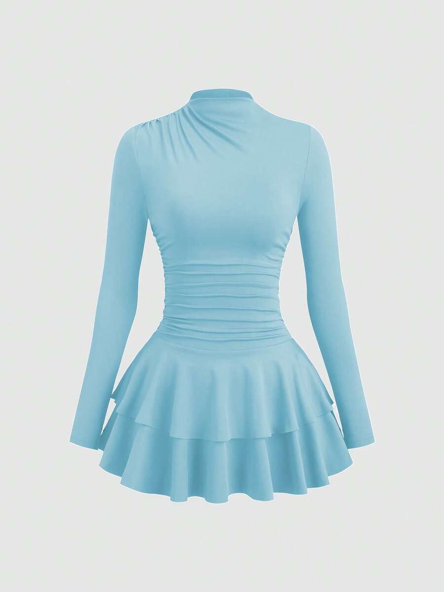 SHEIN PETITE Váy cổ cao tay dài màu đỏ nhún eo cổ điển dành cho nữ, Thu/Đông - Màu xanh nhạt - Xem 1