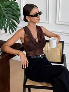 Serisse 女士时尚深V领半透明网纱背心 - 棕色 - 查看 7