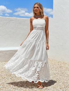 Vivid Eden Spring/Summer Outings And Holiday Date Dresses, Spring/Summer Casual Vacation Dresses With Patchwork Ruffles, A-Line Skirt, Burnout Texture, Women's Long Dresses, Summer Beach Dresses, Back-To-School Outfits, Very Simple Outfits, Women's Country Style, Office Wear, Old Money Style, Teacher's Outfits, Date Outfits, Graduation Season, Spring/Summer Casual Dresses, White Dresses - White - View 1