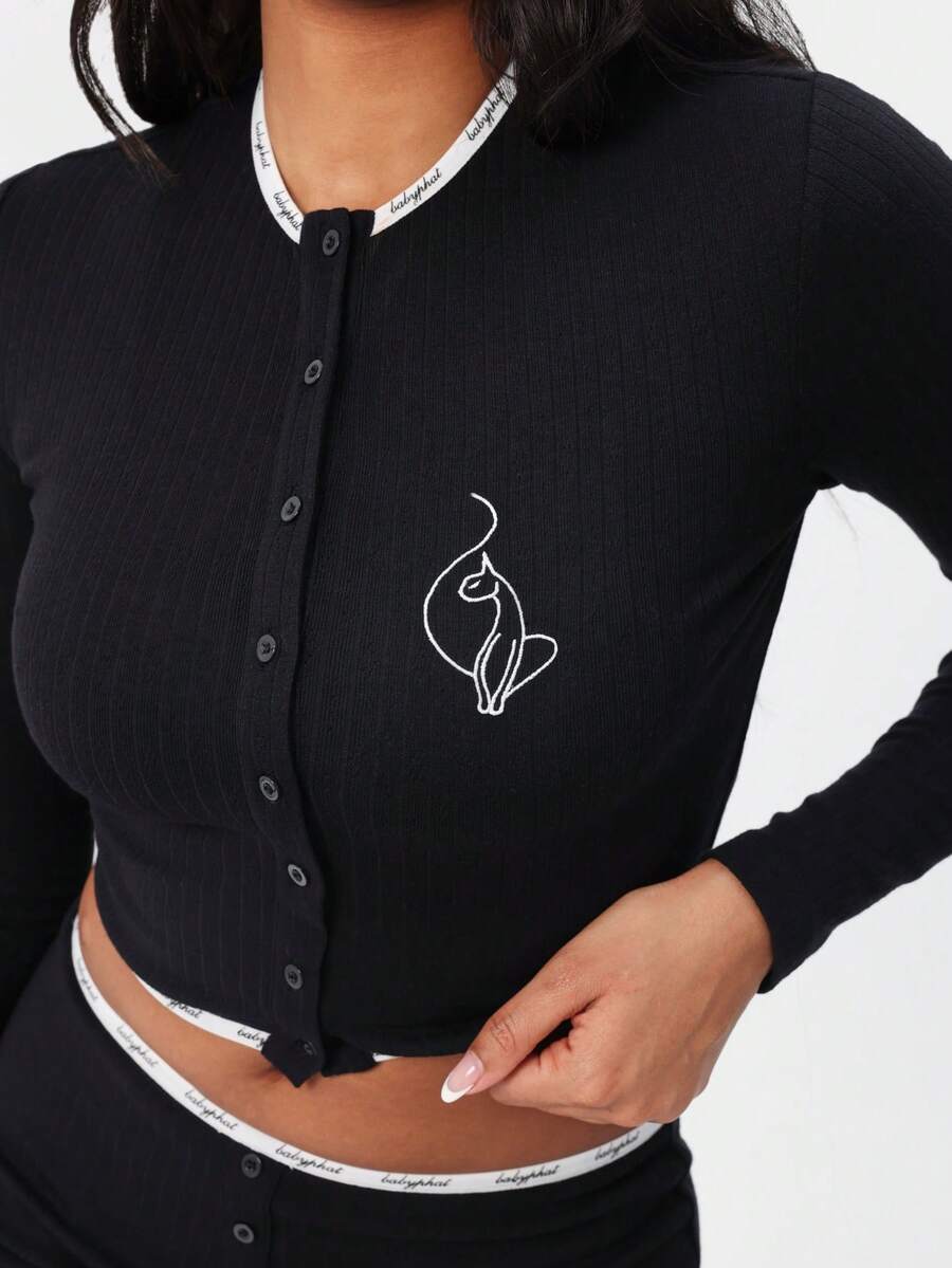 BABYPHAT 罗纹长袖纽扣前襟logo睡衣上衣，撞色滚边细节，舒适睡衣 - 黑色 - 查看 1