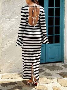 Sunnyshic Plus Size Fashionable Casual Striped Backless Tie Strap V-Neck Dress - Apricot - View 2
