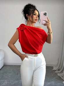Selianne Áo kiểu satin xếp ly lệch vai thanh lịch, lãng mạn dành cho nữ - Đỏ - Xem 1