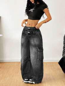 SHEIN 少女休闲水洗低腰阔腿工装牛仔裤 - 黑色 - 查看 3