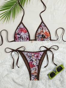 Swim Vcay Women's Random Floral Print Tie-Up Triangle Top And Side Tie Triangle Bottom Sweet Bikini Set, Summer Beach - Multicolor - View 1