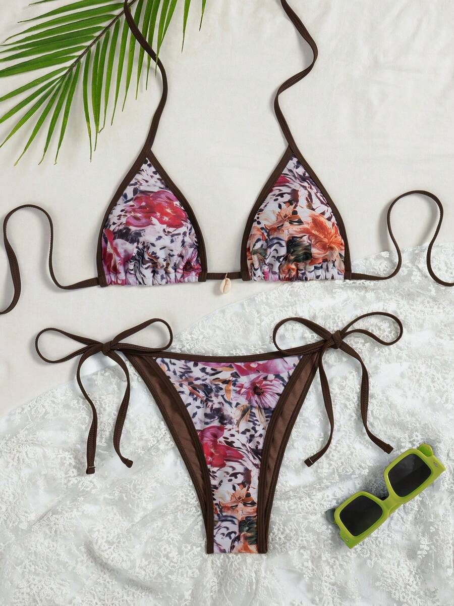 Swim Vcay Women's Random Floral Print Tie-Up Triangle Top And Side Tie Triangle Bottom Sweet Bikini Set, Summer Beach - Multicolor - View 1