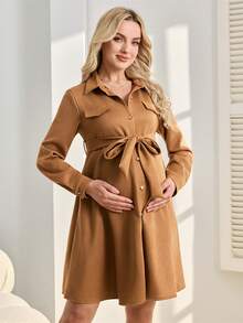 SHEIN Vestido camisero de manga larga de unicolor y estilo elegante para maternidad - Marrón - Ver 5