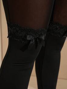 SHEIN Tall CURVE Plus Size Women's Black Valentine's Day Stockings,Goth Rave Summer Non-Slip Thigh High Stockings,Mesh Lace Trim Leggings With Bow,Extended Version - Black - View 8