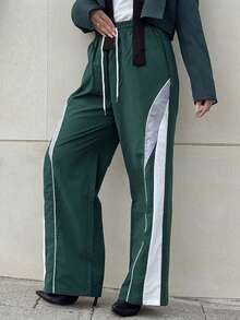 Bearsaez Women's Drawstring Waist Pocket Patchwork Casual Sports Pants, Ladies' Spring/Autumn Casual Drawstring, Pockets, Side Stripes Natural Straight Wide-Leg Long Green Loose Pants, Casual Everyday Wear, Back To School - Green - View 6