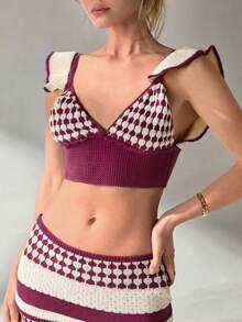 EURMUSE Women Top And Skirt Openwork Sweater Cover Up Set - Violet Purple - View 7