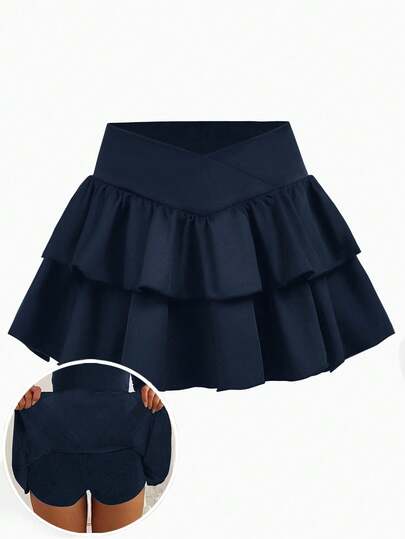 Girlism Teen Girls Casual, Sports, School, Back To School, White Undershorts With Ruffled Hem Skirt, Crossover Waist Design Skirt, Spring And Summer 2 Piece Set Tween Skirt Ruffle Skirt Kids Kids Navy Blue Skirts Girls Skorts Outfit Ruffle Skort Kids Navy Blue Skort Kids Navy Blue Skorts
