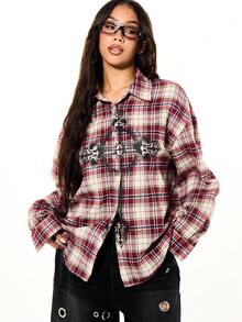 SUMWON WOMEN Oversized Plaid Flannel Shirt With Gothic Cross Print Button Down Collared Long Sleeve Fall Winter Casual Blouse - Red - View 1