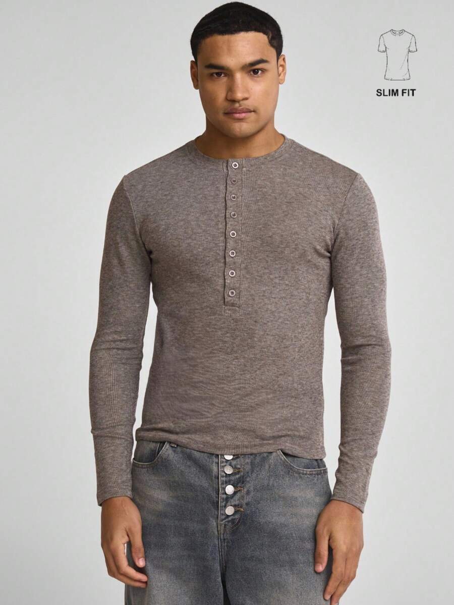 Musero Fitted Long Sleeve Basic Plain Style Button Through Top Autumn Winter Essentials Capsule Wardrobe - Brown - View 1