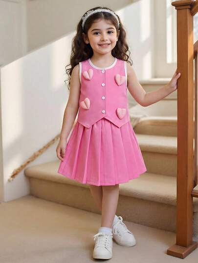 2pcs/Set Young Girls Round Neck Sleeveless Heart Graphic Tank Top + Elastic Waist Pleated Skirt, Pink Casual Cute Outfit, Suitable For Summer Daily Outings Or Travel
