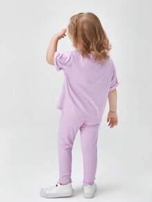 SHEIN Young Girl Casual Solid Color Drop Shoulder Round Neck T-Shirt And Leggings Set - Lilac Purple - View 2