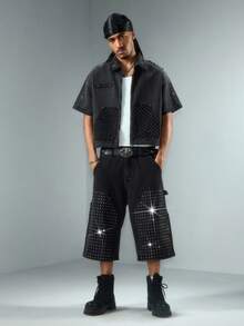 ROMWE MEN Street Life Men's Fashion Rhinestone Letter Denim Shorts - Black - View 7