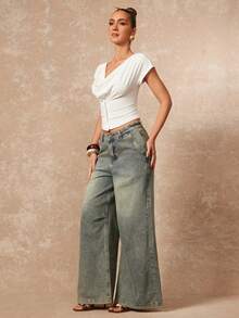 Lumalex Early Spring 2-Way Wear Dropped Shoulder Draped Waist Metal Buckle Short Sleeve Soft & Comfortable Women T-Shirt Vacation Birthday Wedding Guest Wedding Party Summer Holiday Beach Luxury Look Quiet Luxe Prom Gathering Party Banquet Modest Old Money Rave Festival Richly Layered Al-Adha Party Crop Tops Women Button Front Top Cowl Neck Top - White - View 7