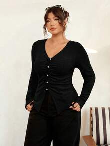 Vionelle Plissiertes gestreiftes Langarm T-Shirt mit V-Ausschnitt in Große Größen, figurformend, für Herbst/Winter