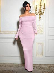 Roveilla Plus Size Rhinestone Embellished Off Shoulder Bodycon Maxi Party Dress For Women Slay Diva Dress Long Bodycon Dress Tight Long Dress Bandage Dress For Women Long Sleeve Elegant Dress