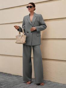 EURMUSE Fashionable Versatile Solid Color Blazer And Wide Leg Pants Suit Set - Grey - View 5