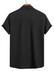 Manfinity Homme Plus Size Men's Summer Casual Patchwork Tape Front Button Short Sleeve Shirt - Black - View 2