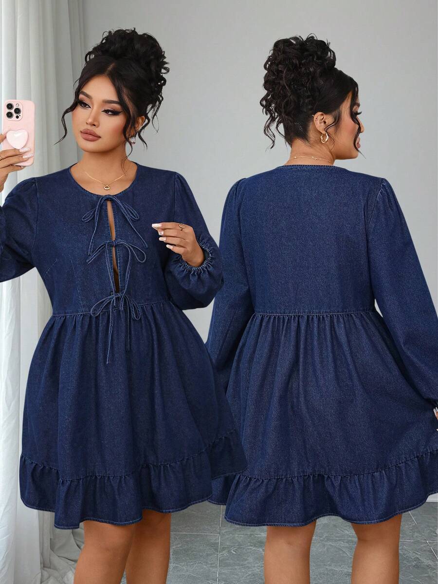 Elenzga 大码女式休闲抽绳荷叶边牛仔连衣裙 - 藍色 - 查看 1
