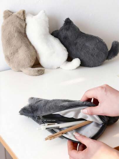 Madebyblanc 1个日式猫咪造型毛绒铅笔盒，灰色，轻便大容量文具收纳盒，非常适合开学季和送礼，适合学生使用