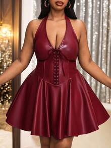 Truni 大码女装派对节日庆典Y2K交叉露背PU皮迷你吊带连衣裙，红色圣诞裙，情人节礼服，适合梨形和三角形身材 - 酒紅色 - 查看 5