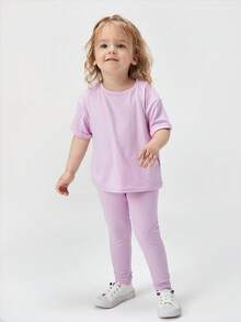 SHEIN Young Girl Casual Solid Color Drop Shoulder Round Neck T-Shirt And Leggings Set - Lilac Purple - View 4
