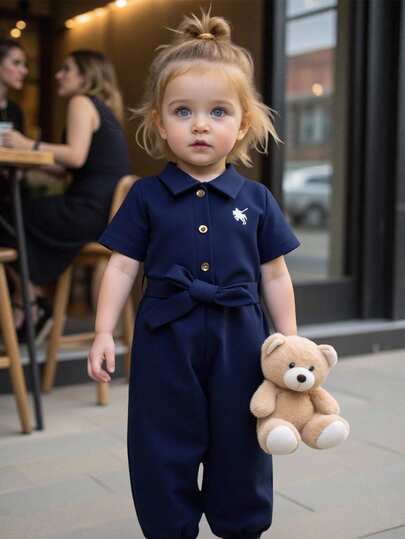 SHEIN 女婴藏蓝色短袖翻领连体衣，饰有白色刺绣，休闲时尚，适合上学和日常穿着，夏季款