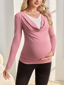 SHEIN Umstandsmode Geraffter Rundhals Langarm Strick Lässig Top - Pink - Übersicht 4