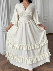 Vibekara Plus Size V-Neck 3/4 Flare Sleeve Ruffle Trim Elegant Vintage Casual Cute Vacation Dress - Apricot - View 3