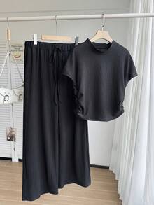SHEIN EZwear Plus Size Textured Knit T-Shirt And Long Pants, Casual Pleated Drawstring Two-Piece Set 2 Pieces Sets Woman - Black - View 1