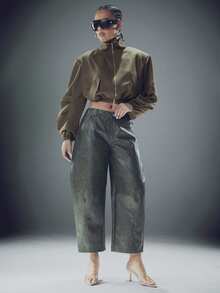 Denimoi 轻薄翻盖口袋拉链短款夹克 春季夹克 落肩夹克 - 軍綠色 - 查看 3