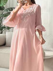 Al Najma Abito da donna taglie forti con scollo a V, decorato con perline, con maniche a balze e stile arabo - Rosa - Visualizzare 1