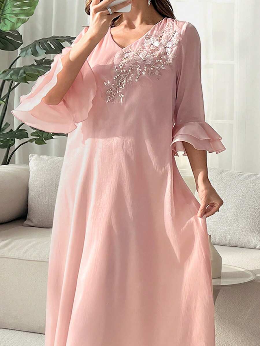 Al Najma Abito da donna taglie forti con scollo a V, decorato con perline, con maniche a balze e stile arabo - Rosa - Visualizzare 1