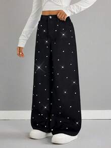 SHEIN 少女Y2K浅色水洗水钻装饰口袋阔腿宽松休闲牛仔裤，闪亮水钻宽松阔腿牛仔裤，秋冬休闲牛仔裤，宽松牛仔裤，机场休闲，阔腿裤，街头风，趣味牛仔裤，返校季，优雅派对闪亮，圣诞节 - 黑色 - 查看 5