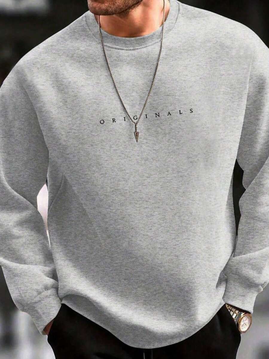 Manfinity Homme 男士字母印花圆领长袖休闲卫衣，秋冬灰色图案卫衣