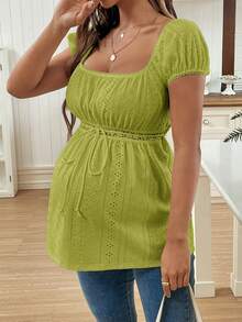 SHEIN Pregnant Women's Summer Solid Color Square Neck Raglan Sleeve Textured Jacquard Ruched T-Shirt - Green - View 4