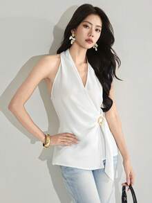 Heiryn New Korean Style Linen-Feel Halter Neck Overlapping V-Neck Pleated Metal Buckle Structured Sleeveless Top - White - View 5