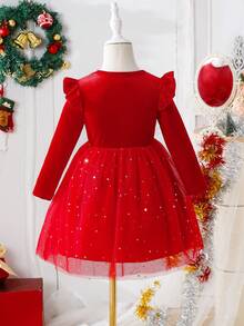 Glamorique Kids Girls' New Velvet Patchwork Star Mesh Red Christmas Dress, Suitable For Autumn/Winter, Quality Fabric, Soft Star Mesh, Velvet Patchwork Design, Suitable For Christmas And Casual Occasions  Princess Halloween/Christmas Party  Dresses For Young Girls In Autumn And Winter Party Dress