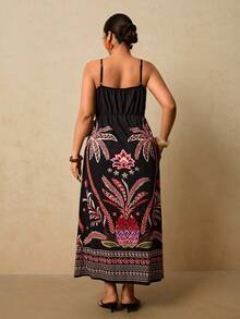 Travachic Plus Size Women's Black Tropical Floral Print Dress, Spaghetti Strap Wrap Tie Bow Long Dress, Early Spring Holiday Beach Dress - Black - View 2
