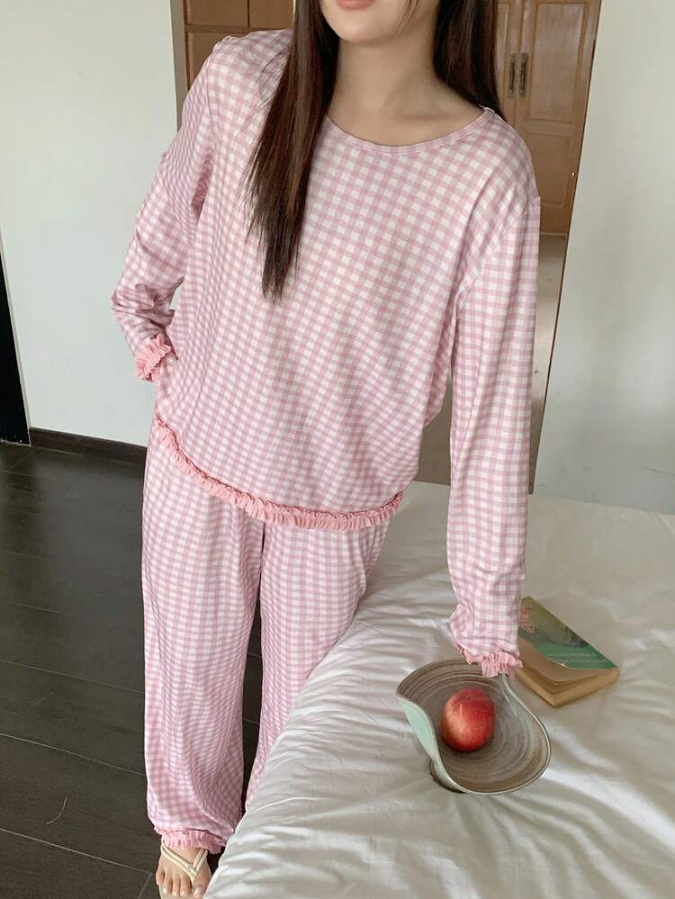 Dazy Plus 2pcs Plaid Pajama Set, Loose Pullover Top And Straight Leg Pants, Casual Sleepwear For Girls, Pink, Spring/Autumn