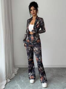 INAWLY Women's Casual Camouflage Pattern Fitted Zip-Up Cropped Top & Flared Pants 2 Pieces Set - Multicolor - View 7