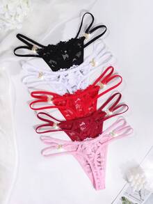 Romantic & Sexy Lace Women's Thong Panties Set, Comfortable, Pack Of 5 Sexy Lingerie String Panties - Multicolor - View 2