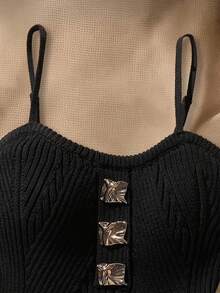 Girls' Knitted Sleeveless Vest,Black Autumn Elegant Party Corset Tops For Teens,Handmade Metal Buckle Twist Cord Ribbed Design Adjustable Camisole - Black - View 6
