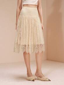 Revavyn 女士蕾丝面料褶裥中腰A字裙，优雅适合圣诞约会。女士圣诞优雅装扮 - 米色 - 查看 4