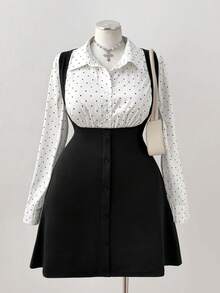 Sunspun Set 2 buc: cămașă cu mânecă lungă și fustă satinată verde-mazăre, croială în talie, potrivită pentru purtare zilnică, primăvară/toamnă și întâlniri.